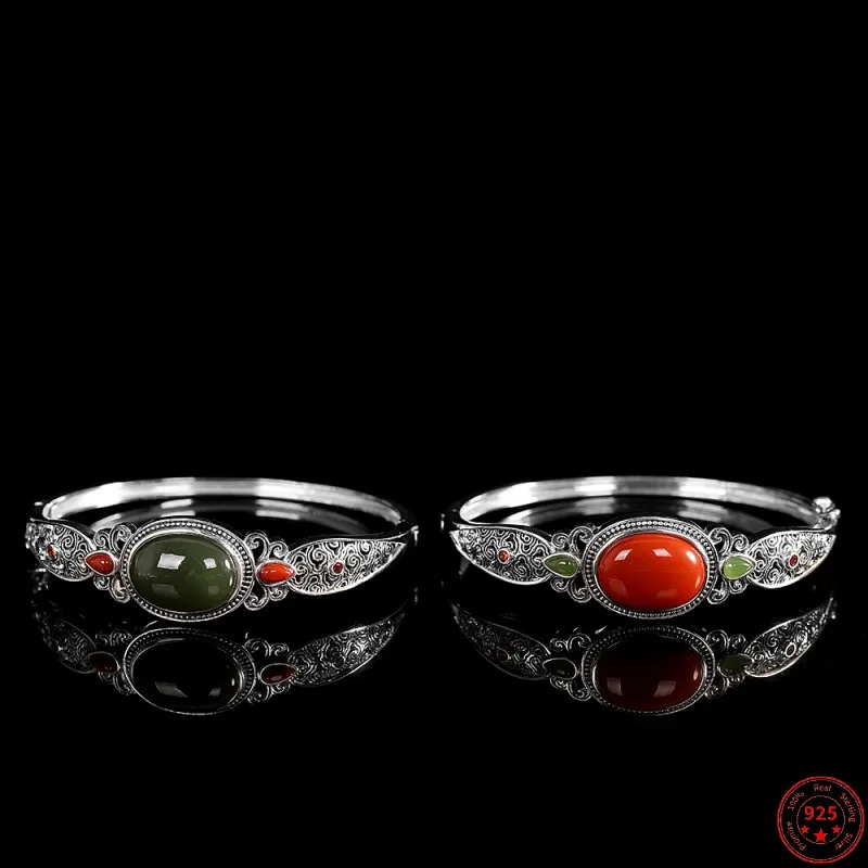 

Genuine S925 Sterling Silver Bracelet for Women New Fashion Hollow Eternal Vine Inlaid Jasper Southred Agate Bangle Can Opening