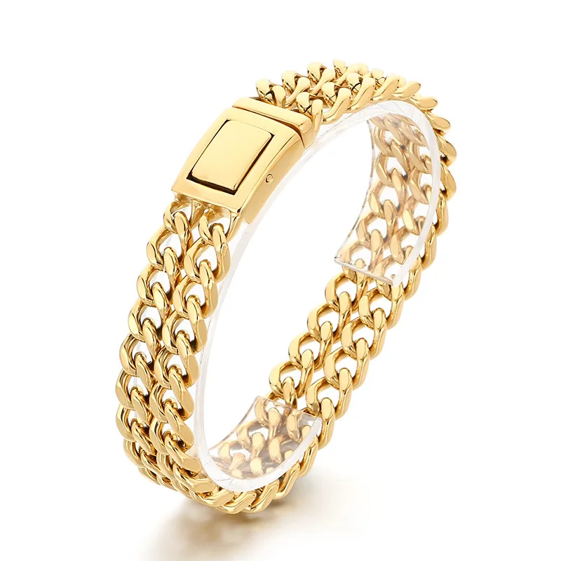 Men's Stainless Steel Double-Layer Four-Sided Cuban Chain Bracelet - Durable Jewelry Accessory 16mm 8.26inch