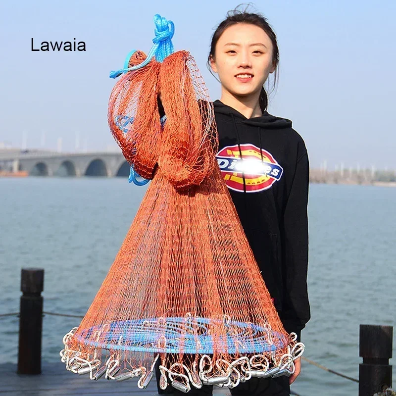 Lawaia Cast Network with Steel Pendant Braided Line Hand Throw Fishing Net with Big Plastic Blue Ring Network Outdoor New 2024