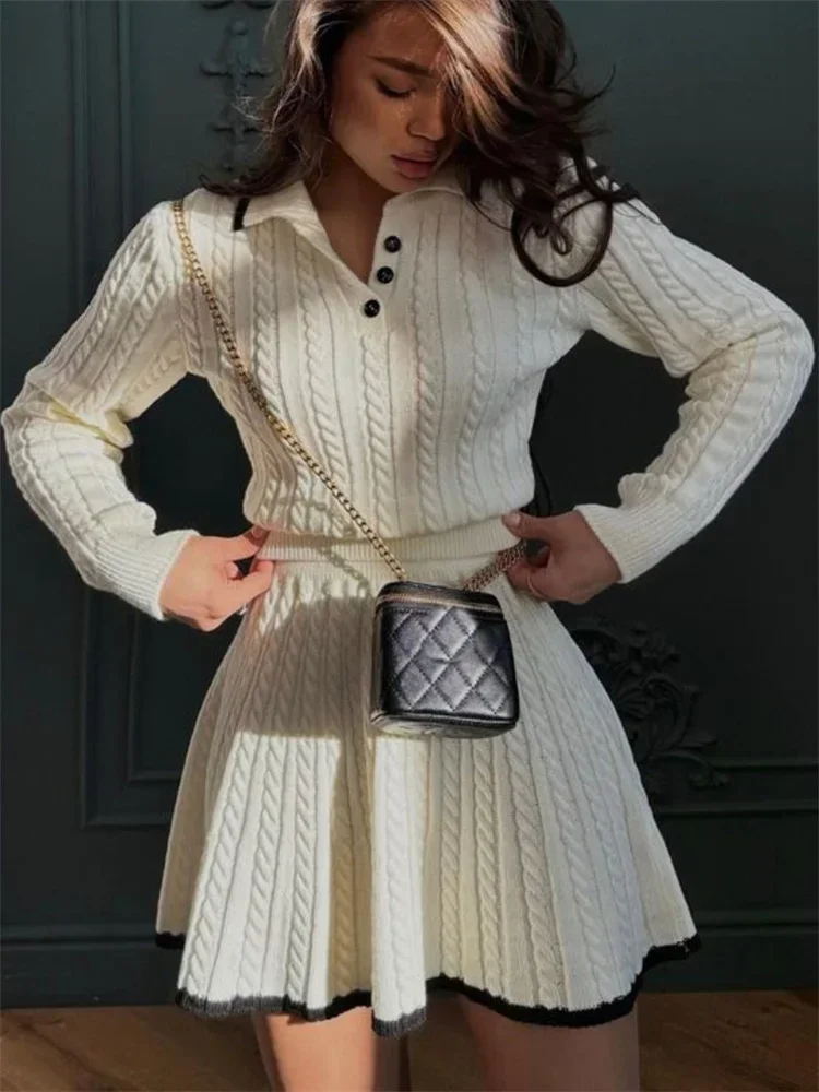 

Autumn Fashion 2 Piece-Set Skirt Women's Patchwork Contrast Long Sleeve Lapel Pullover And High Waist Mini Skirt Outfits