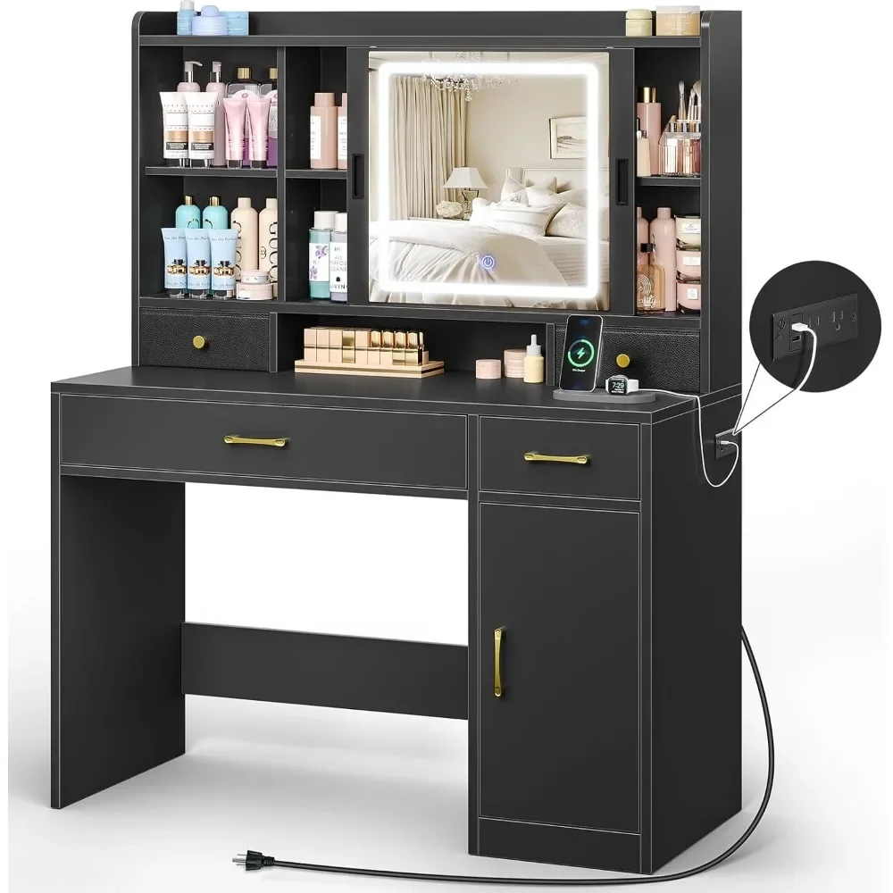 Vanity Desk with Sliding Mirror & Power Outlet, Makeup Vanity Desk with LED Lights, Adjustable 3 Color Modes,