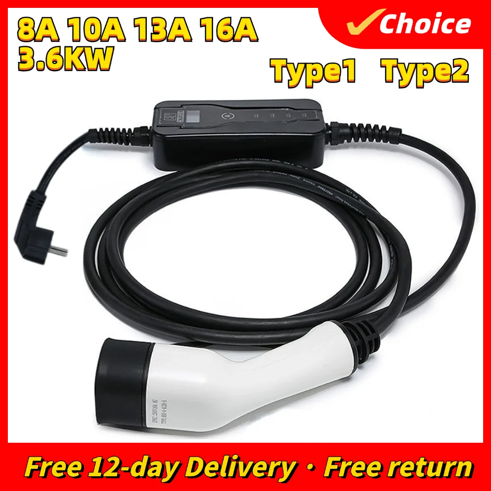 

110V-250V Portable EV Charger Wallbox 16A 3.6kw Type1 j1772 Fast Charging Cable Type2 Cord IEC62196 Schuko Plug for Electric Car