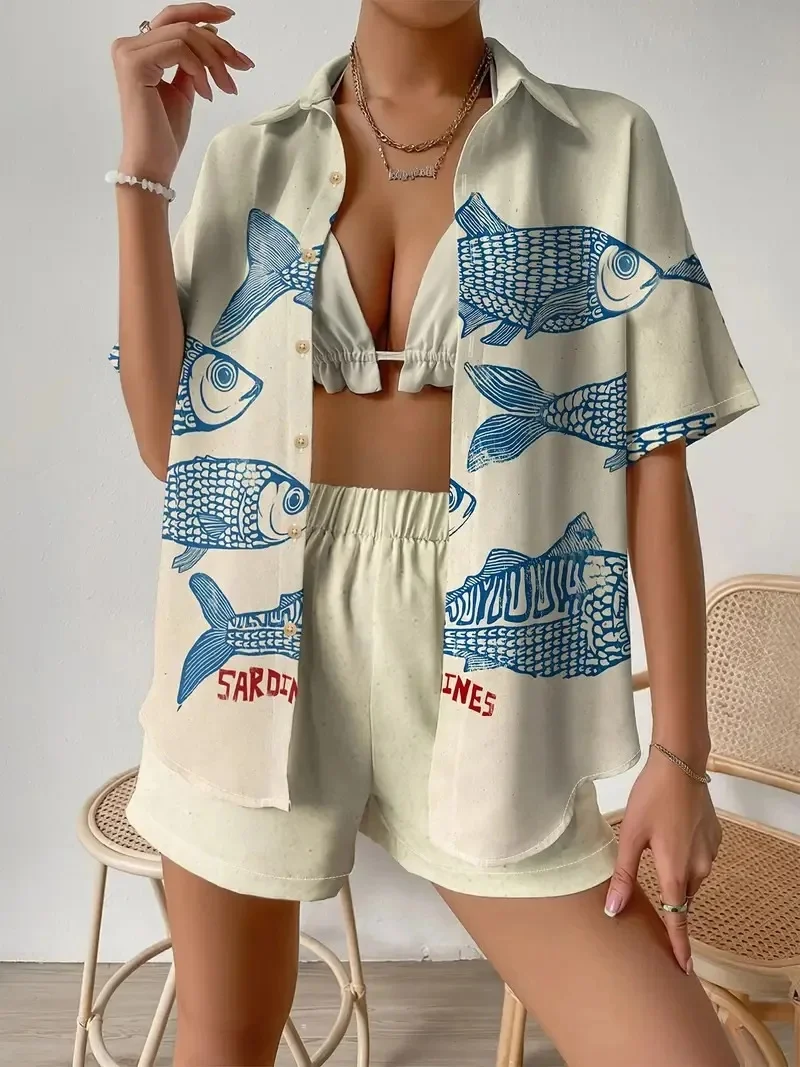 Fashion Print Beach Holiday 2-Piece Set Women Summer Short Sleeve Shirt Top + Wide Legs Short Women's Oversized Two-Piece Outfit