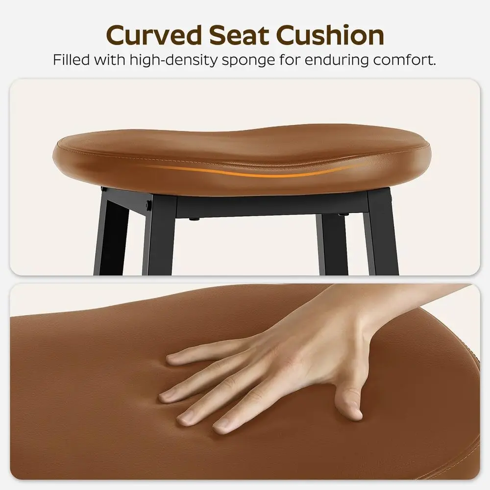 Pair of Saddle-Style Bar Stools, Brown & Black, Curved Seat, Counter Height, with Footrests, Suitable for Kitchen, Dining, and L