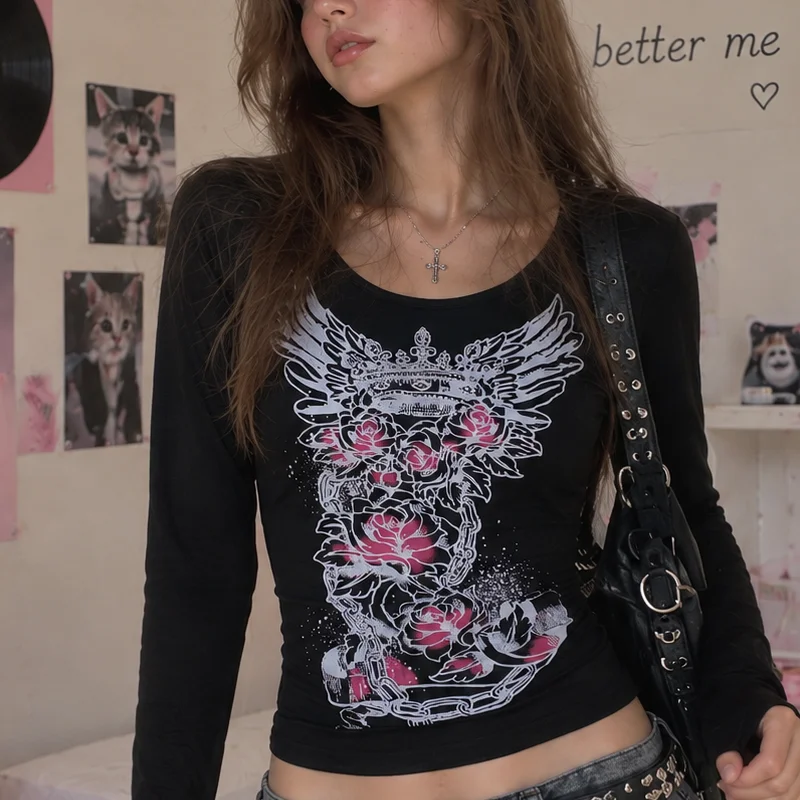 Women Black Graphic Long Sleeve T Shirt Rose Wing Chain Print Scoop Neck Slim Fit Y2K Gothic Streetwear Casual Top for Women