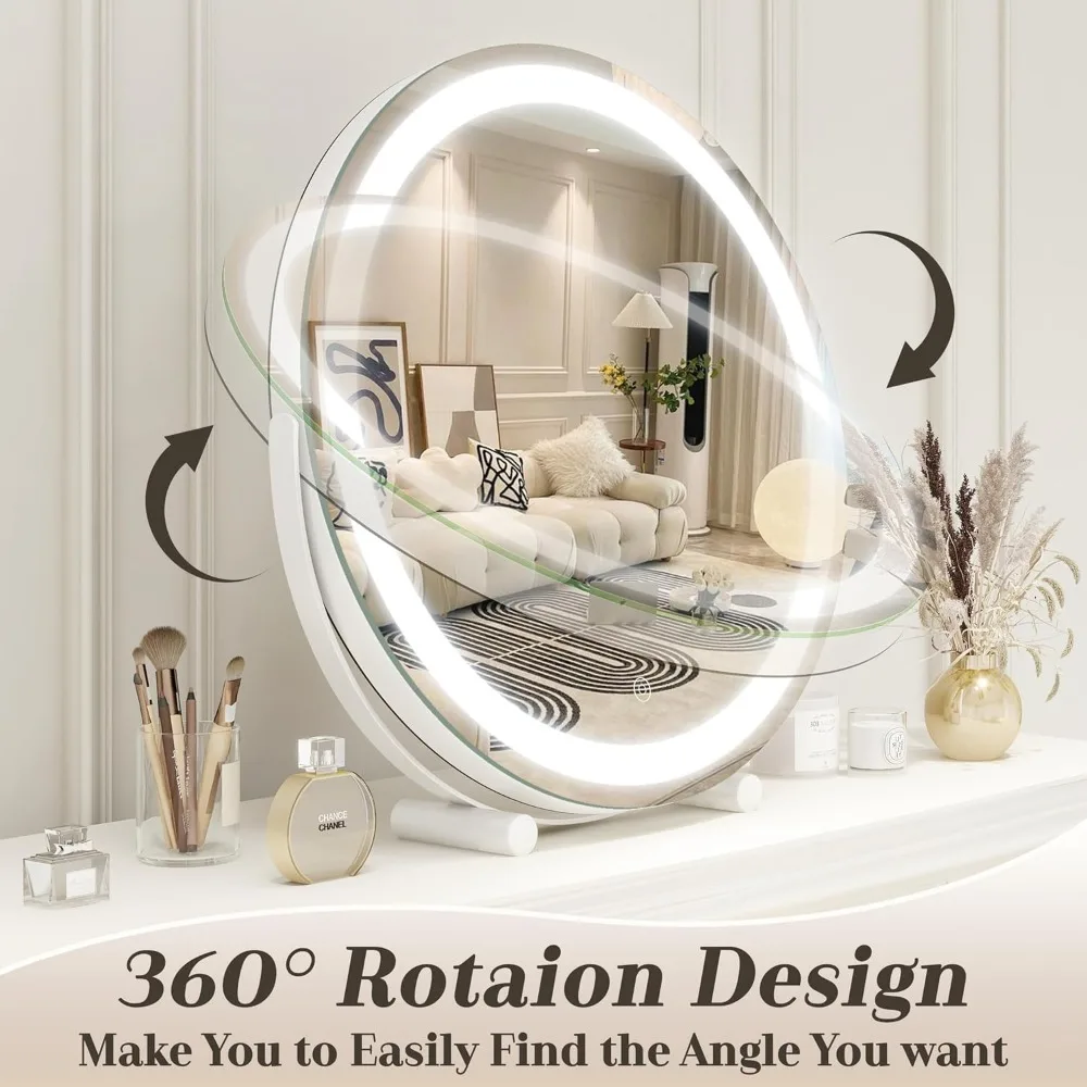 Miroir de courtoisie éclairé de 18 pouces avec commande tactile intelligente, lumières LED à intensité variable de 3 couleurs, 360 °   Rotation pour le maquillage