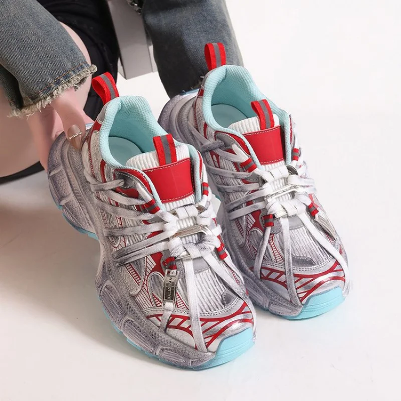 

Genuine Leather Vintage Worn Look Dad Sneakers for Women2025Summer new style super popular lace-up thick-soled casual sneakers