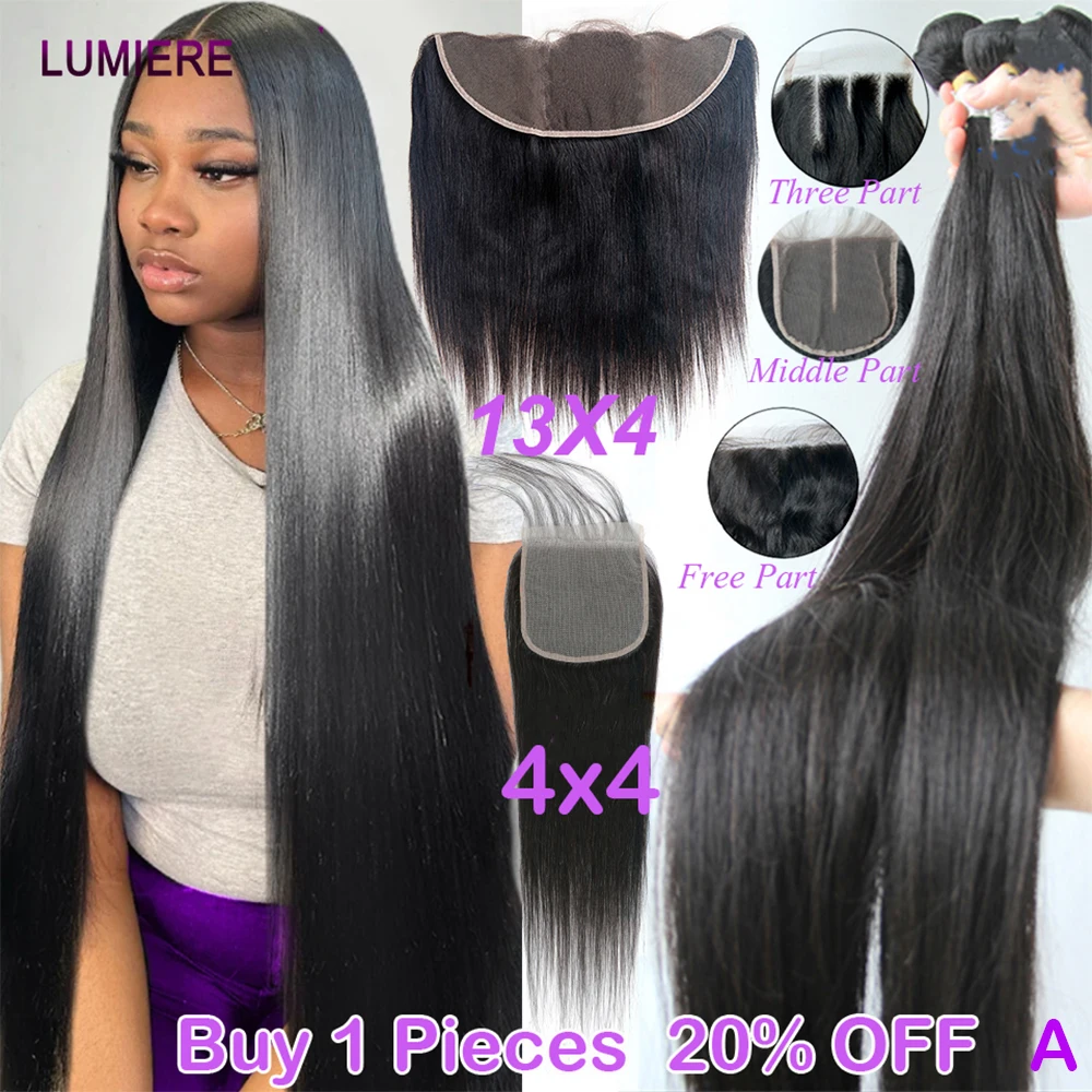 

Прямые пучки 3/4 с прозрачной кружевной застежкой 4x4 5x5 HD, фронтальная 100% необработанная девственная необработанная бразильская наращивание волос