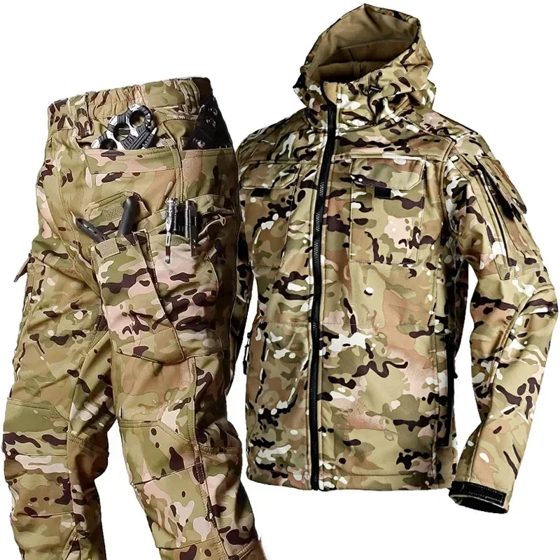 Camo Fleece Tactical Hiking Set Men Autumn Soft Shell Waterproof Jacket+ Multi-pocket Wear-resisting Pant Camping Treking Suits