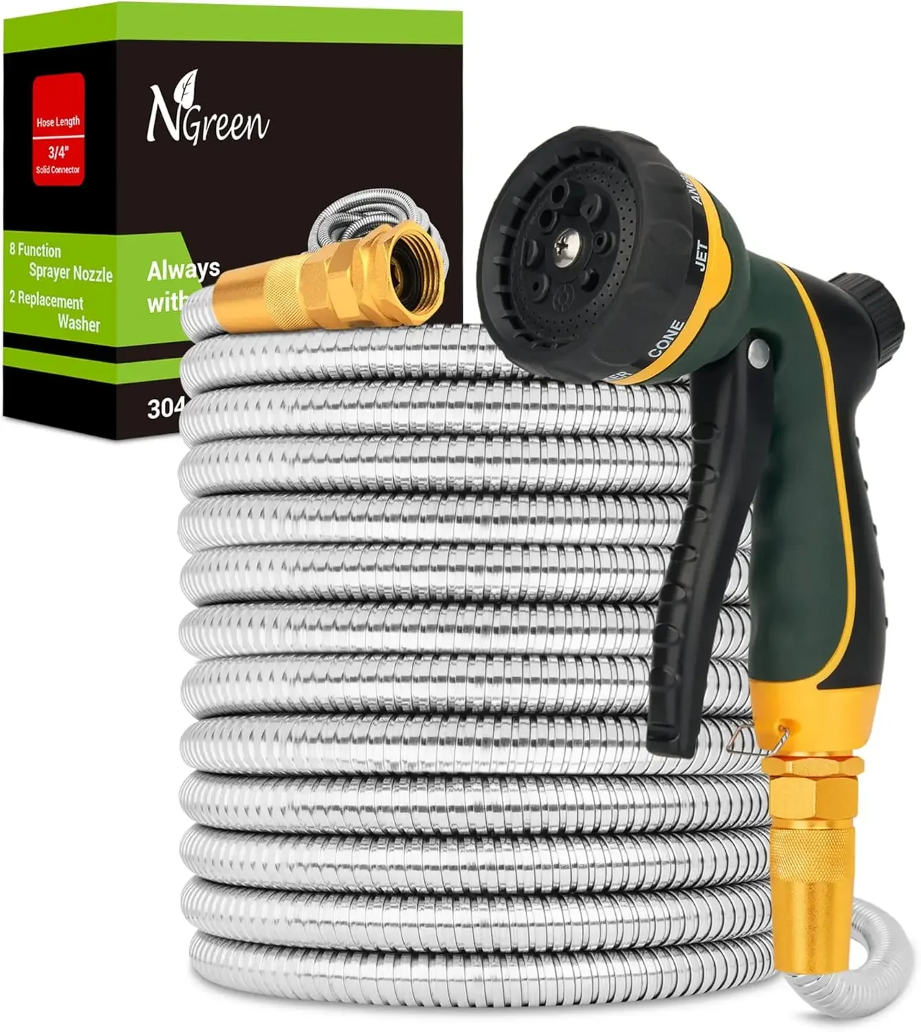 Stainless Steel Garden Hose - Flexible Metal Water Hose with Nozzle, Puncture, Rust Proof and Corrosion Resistant, Never