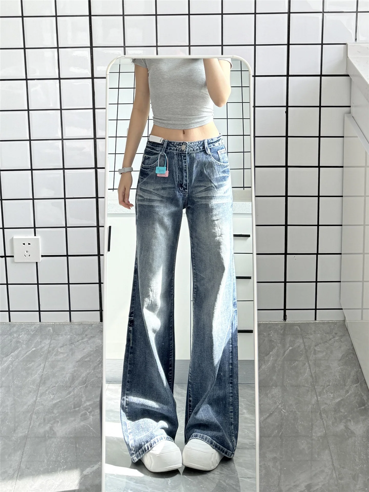 

High Waist Bell Bottom Denim Jeans Women's Spring Summer Loose Destructured Washed Wide Leg Pants Retro Blue Medium Low Waist