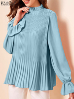 ZANZEA Streetwear Women Pleated Blouses Fashion Ruffled Stand Collar Long Sleeve Plisse Blusas Mujer 2025 Fall Chemise Femme