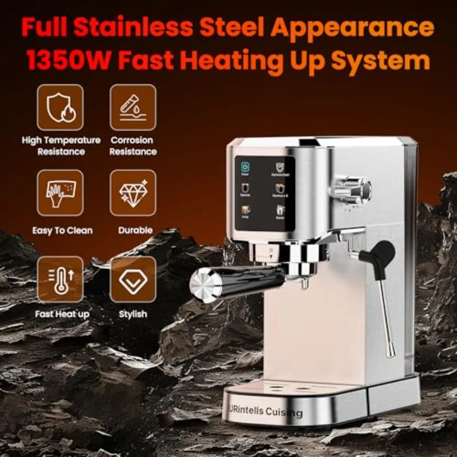 20気圧タッチスクリーン式エスプレッソマシン、家庭用スチームミルクフロザー付き、ステンレス製コーヒーメーカー、取り外し可能な水タンク搭載