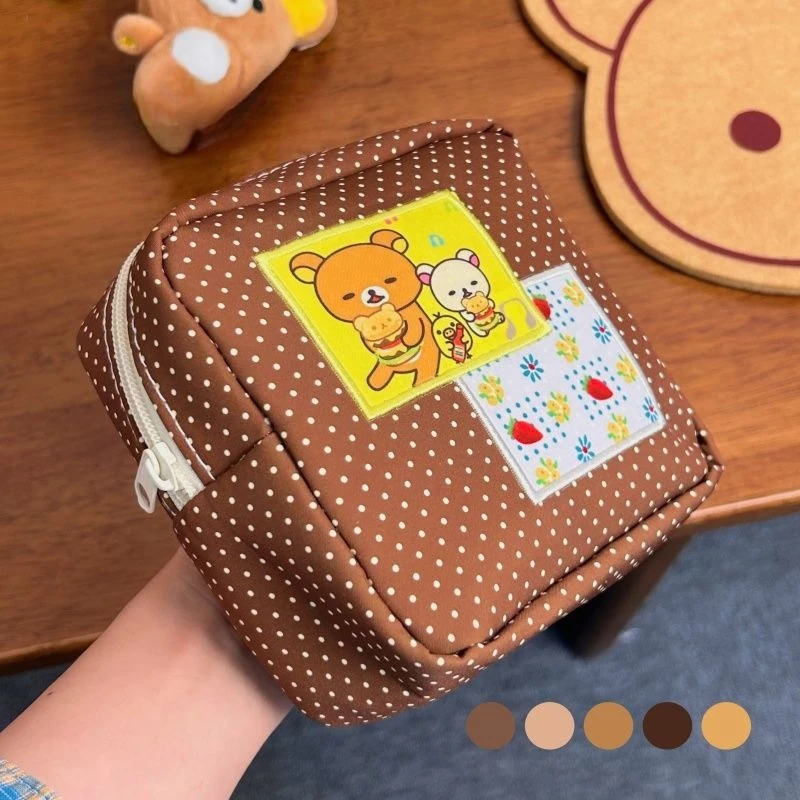 Bolsa de cosméticos Kawaii Rilakkuma con lunares marrones, bolsa de almacenamiento con cremallera y estampado de oso, bolsa de maquillaje de viaje de gran capacidad