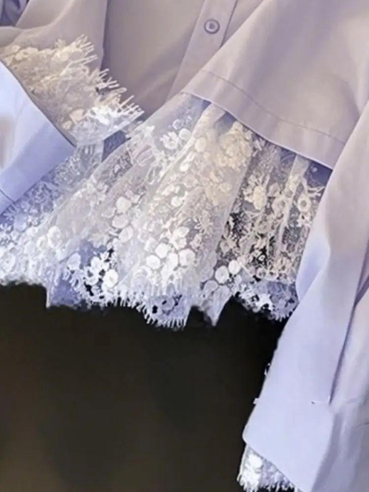 สีม่วงLapel Lace Splicedเสื้อแขนยาวและเสื้อเชิ้ตผู้หญิงฤดูใบไม้ผลิใหม่Dopamine Design Top