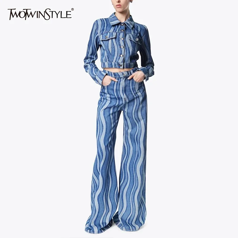 TWOTWINSTYLE Colorblock Denim Two Piece Set For Women Lapel Long Sleeve Coat High Waist Full Length Jeans Streetwear Sets Female