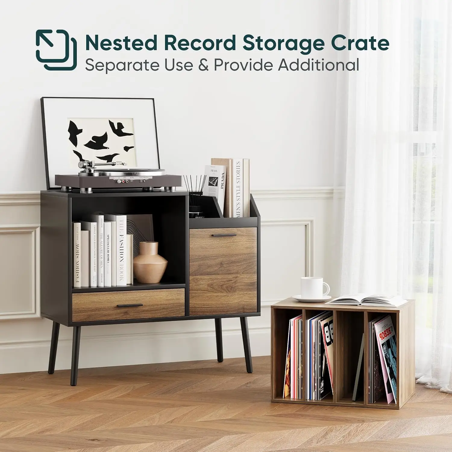 Record Player Stand with Nesting Vinyl Storage Crate, Record Player Table with a Drawer, a Cabinet, CDs Storage Area, Side End T
