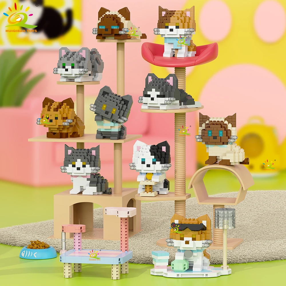 HUIQIBAO MOC Cute Dog Cat Animal Model Micro Building Block Puppy Mini Diamond Model Brick Toy for Children Desk Decor.