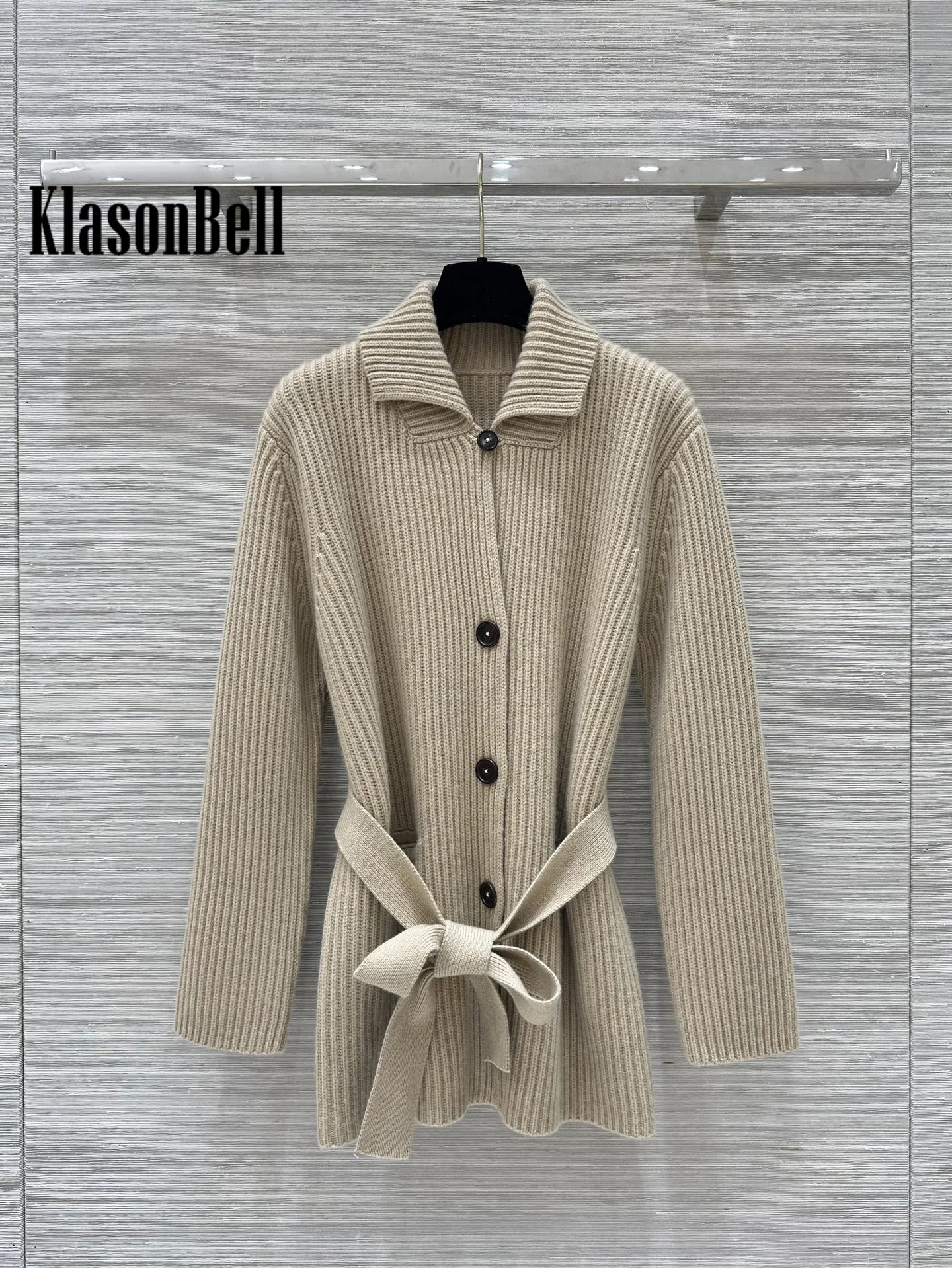 9.2 KlasonBell Women\'s Elegant Double Pocket With Sashes Bow Ribbed Wool Knit Cardigan Lapel Single Breasted Coat Autumn New