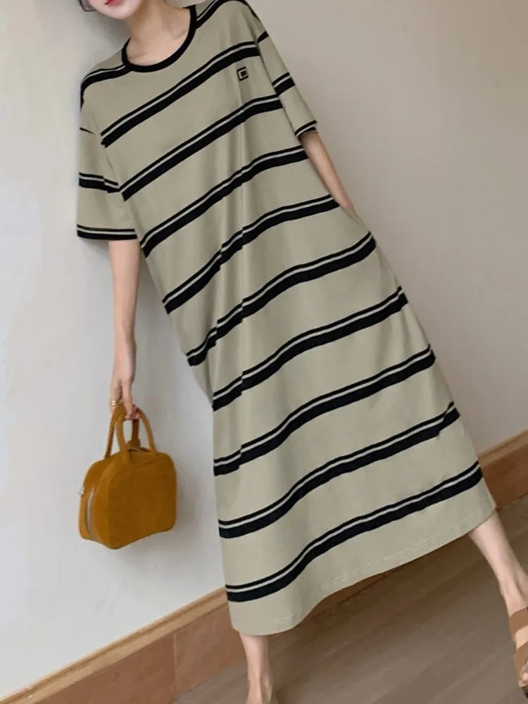 Estate nuovo stile pigro girocollo pigro T-shirt abito da donna a righe taglie forti abito da donna a maniche corte abiti da donna abiti