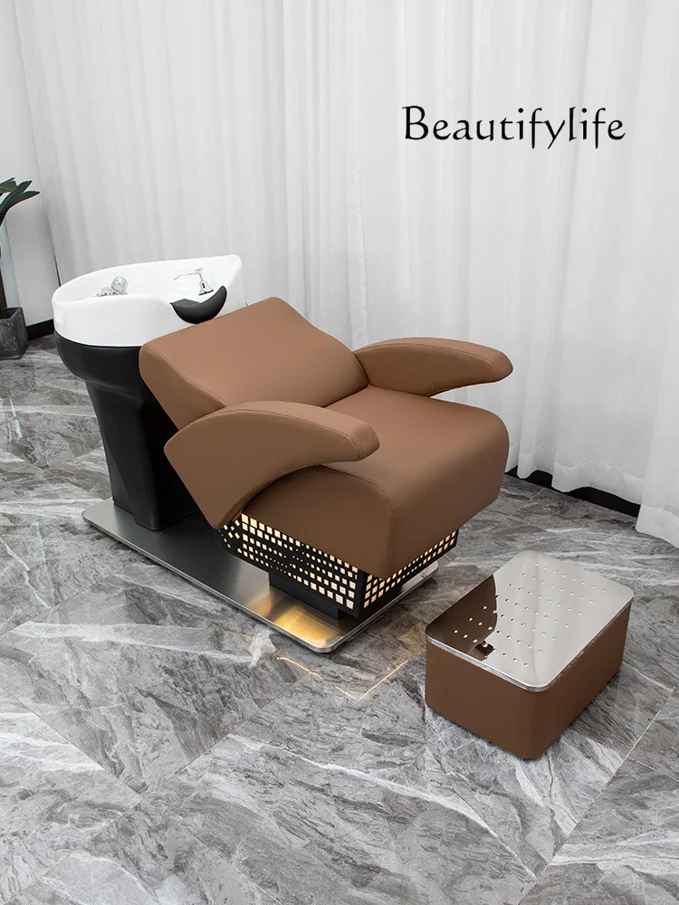 Hairdressing Flushing Bed Barber Shop Ceramic Basin Stainless Steel Japanese Half Lying Shampoo Chair