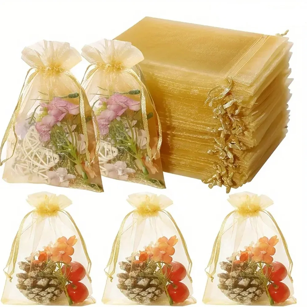 100pcs Pink Organza Drawstring Jewelry Small Bag for Earring Favor Wrapping Packing Pouch Packaging Wedding Businesses Organizer