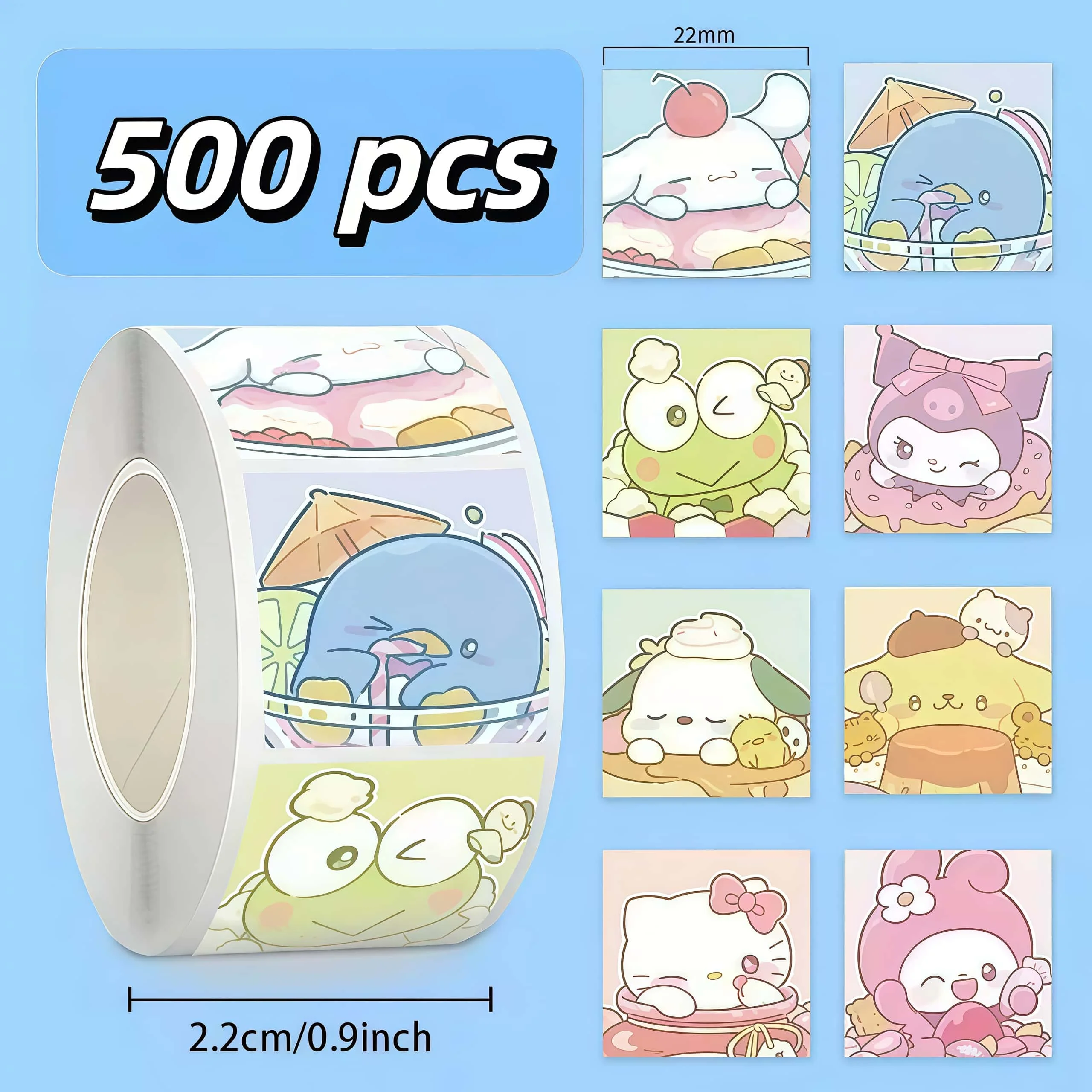 

500 шт., рулон наклеек Kawaii с персонажами Sanrio, милые наклейки с мультяшным дизайном для DIY, украшения журнала и подарка