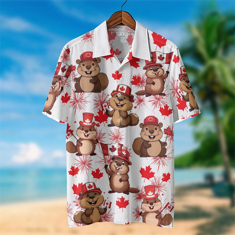 Happy Canada Day 3D Printed Shirts For Men Clothes Fashion Squirrel Maple Leaf Lapel Blouse Canadian Patriotic Blouses Dog Tops