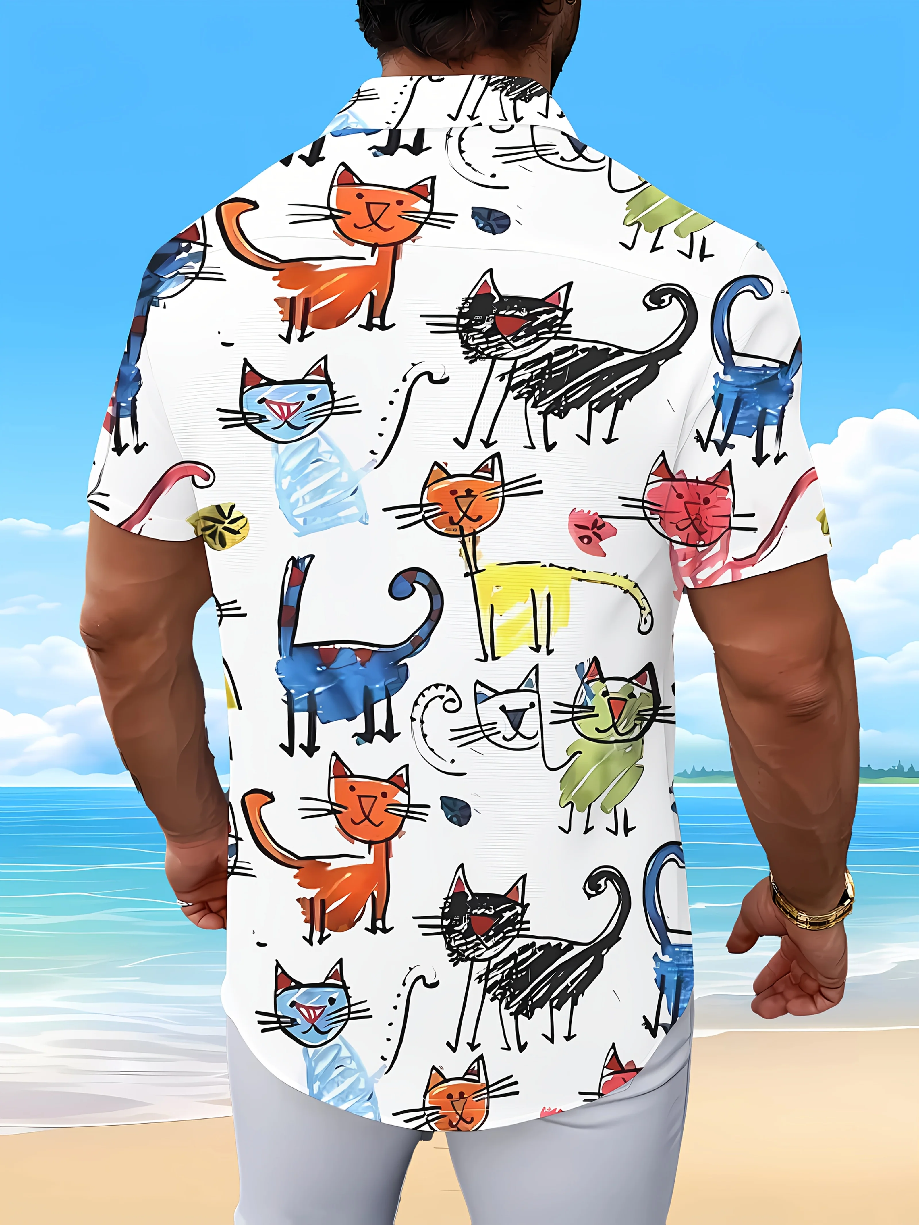 2026 New Aristocratic Temperament Cat Digital Printing Hawaii Cuban Collar Trend Fashion Casual Shirt Men's Single Button Top