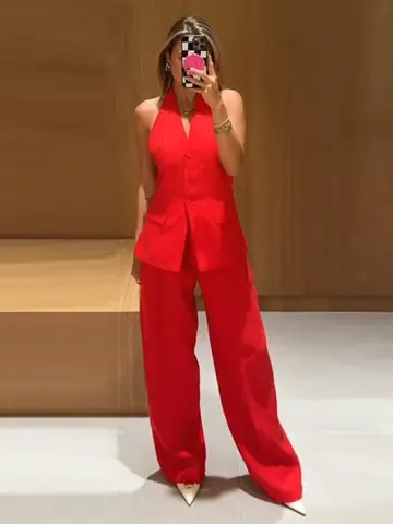 Chic Women's Two Piece Suits Set Red Halter Neck Open Back Sleeveless Top Matching High Waist Wide Baggy Pants Trendy Outfits