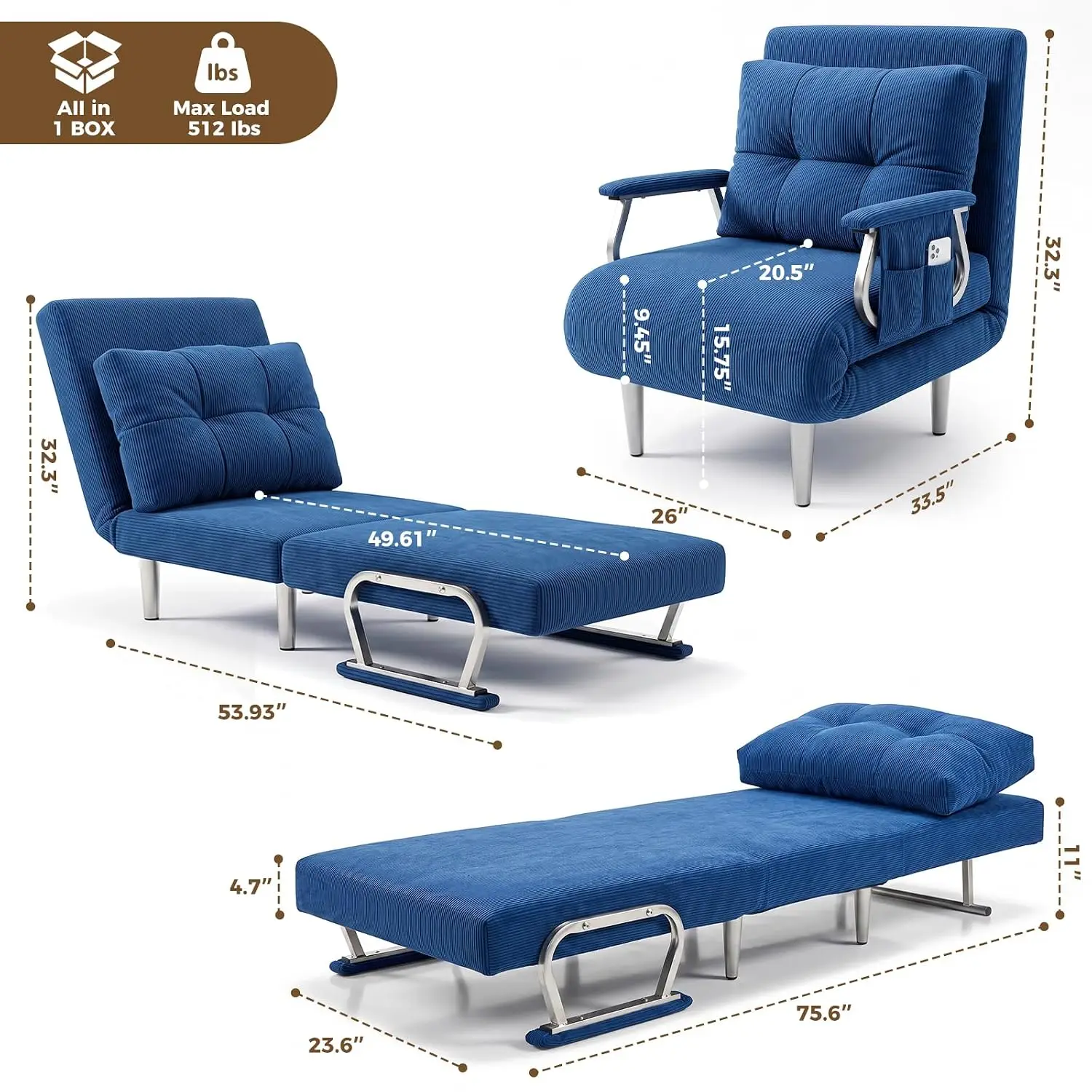 Futon Sofa Bed, 5 Position Folding Jasiway Sleeper Chair-White, Customized