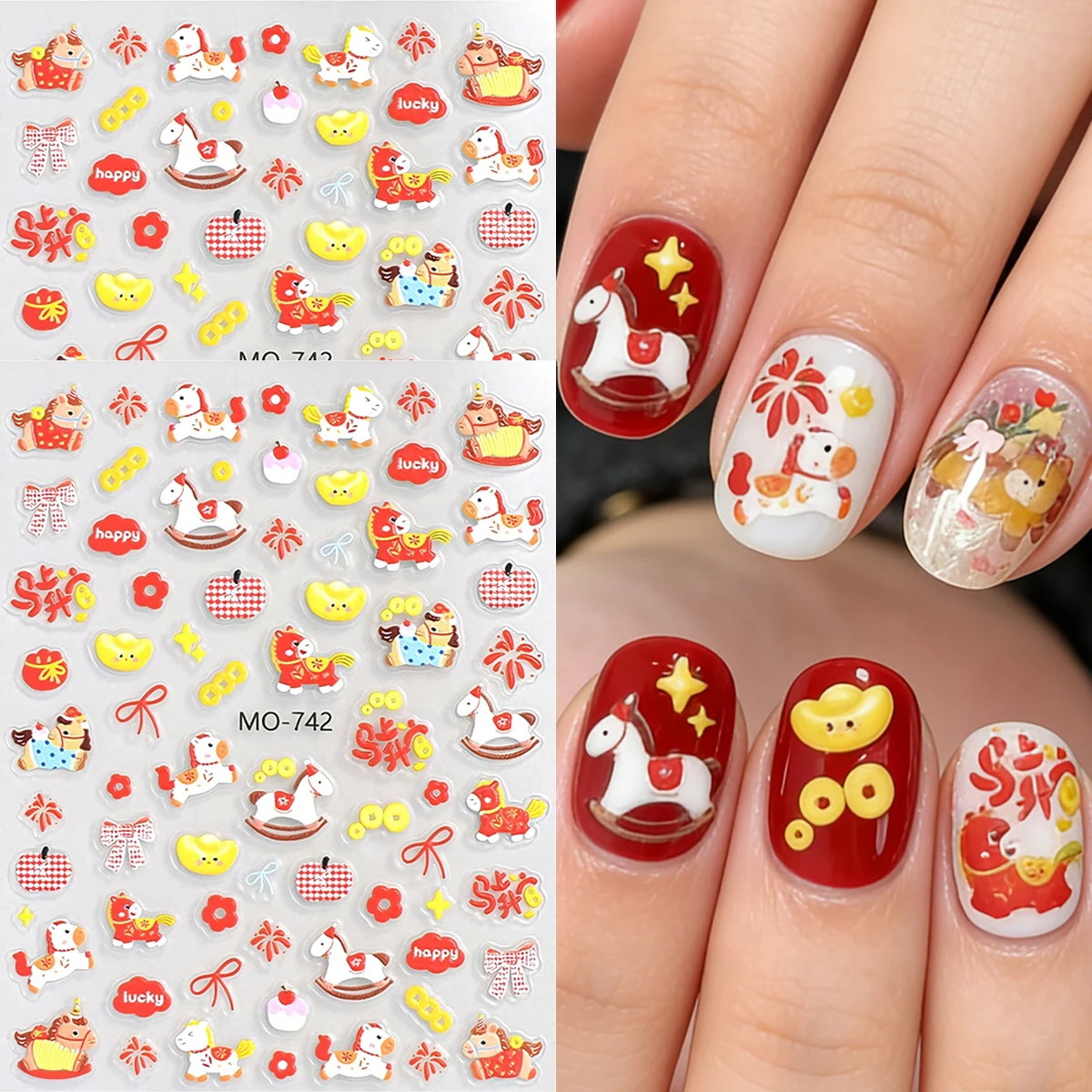 Year of the Horse New Year nail stickers, cartoon embossed 3D nail stickers, pony, ingot, and firework nail decals.
