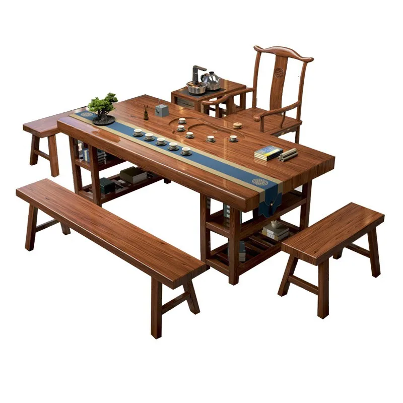 

Chinese solid wood large board tea table company household kung fu full set of storage log office tea table