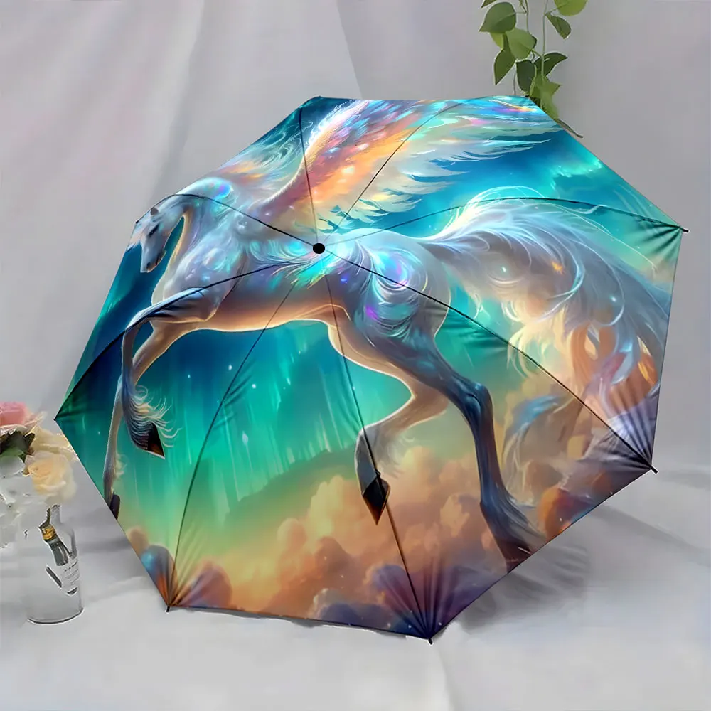 1PC Majestic Pegasus Umbrella Design with Vibrant Colors Print 8 Iron Ribs Folding Umbrella Auto-Open Fashion Sunshade