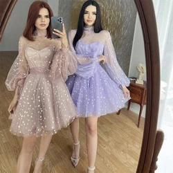 Elegant Short A-line Cocktail Dresses for Women 2022 High Neck Long Puff Sleeves Tulle Formal Wedding Evening Mini Cocktail Gown