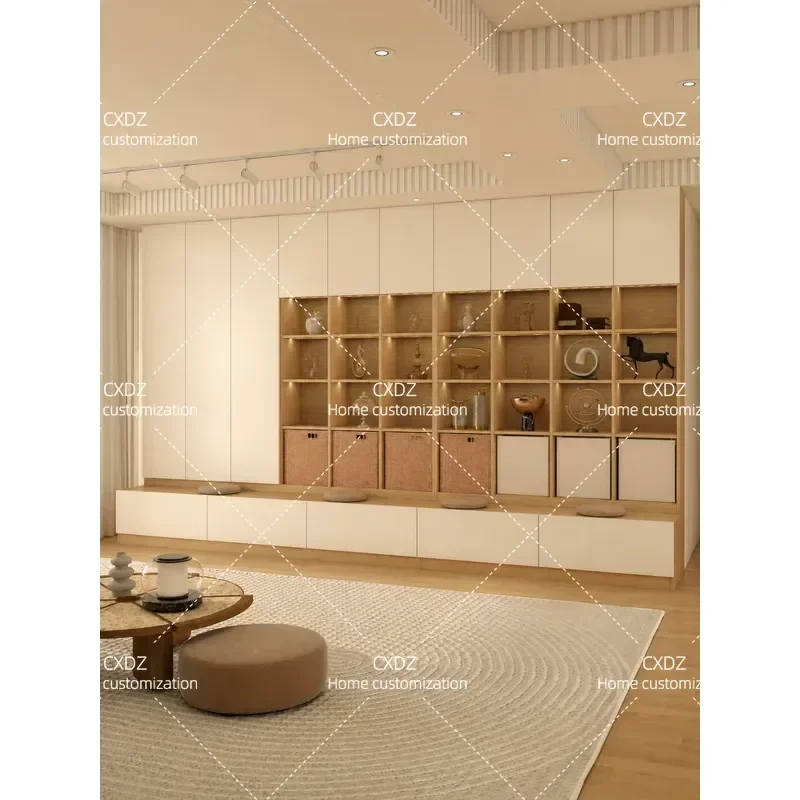 Living Room Wall Bookcase with Card Seat Log Cream Style Integrated Whole Wall Background Cabinet One Wall Storage Unit