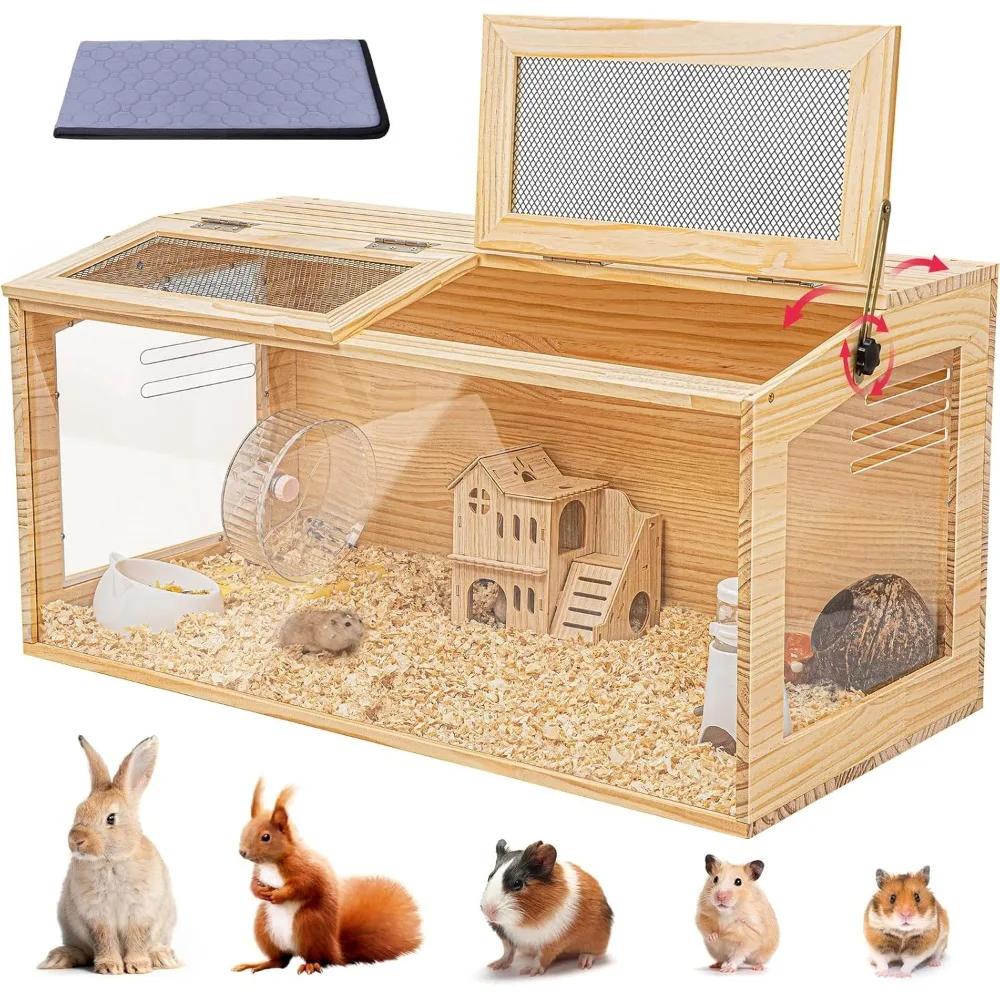 

Hamster Cage 40 Wooden Chewproof, 270° View Large Habitat with Bite-Proof Metal Mesh & Top Dual Access Doors, Acrylic Sheets & S