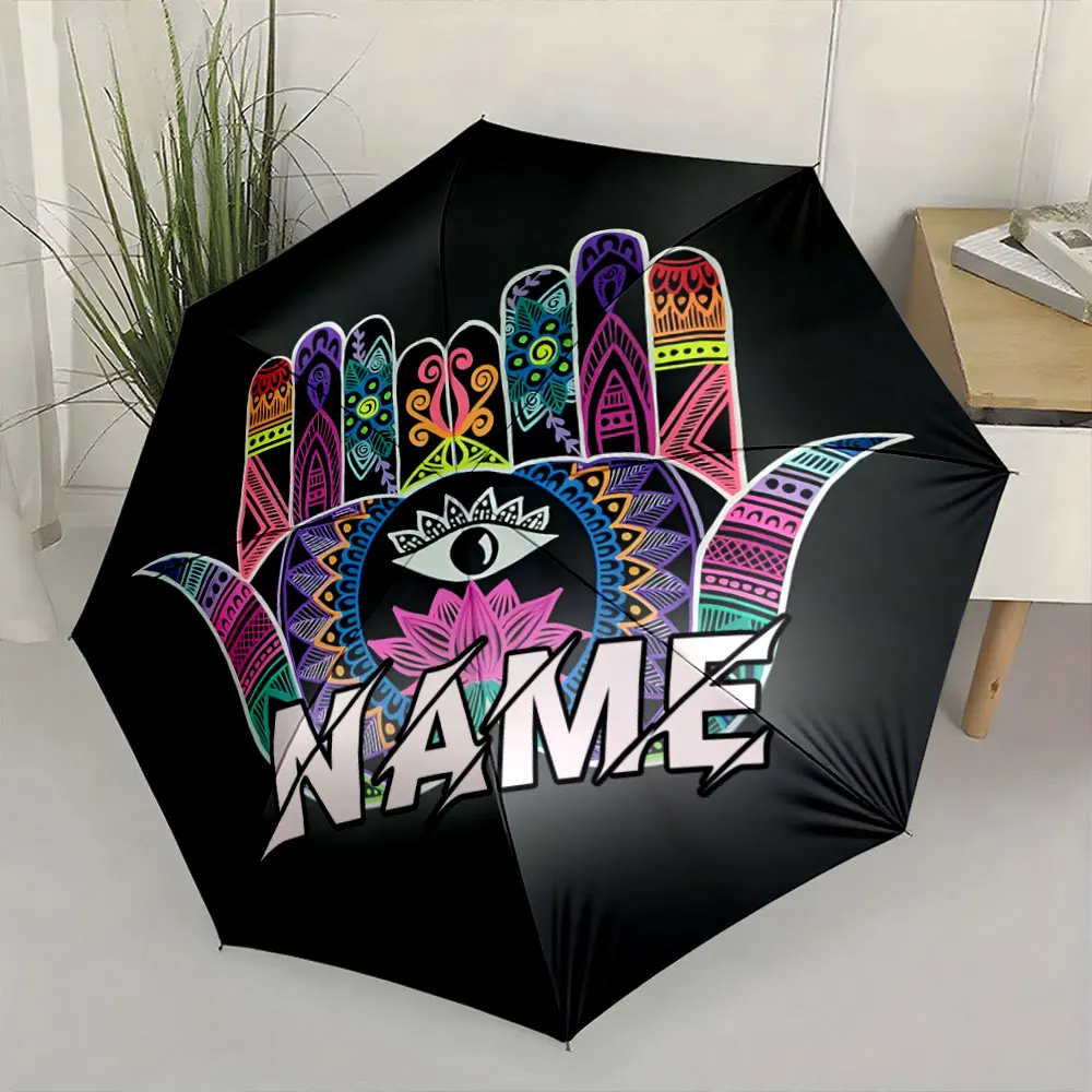 Custom Name Umbrella, Colorful Hamsa Hand with Eye Design Black Umbrella Print Folding Umbrella for Sunny and Rainy,Gift