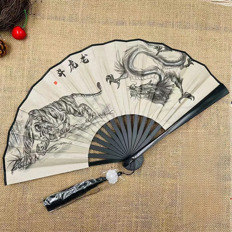 Chinese Style Folding Fan, Classical Dancing Cloth, Vintage Plastic Animal Dragon Printing, Hand Held Fans, Photo Props, Cosplay