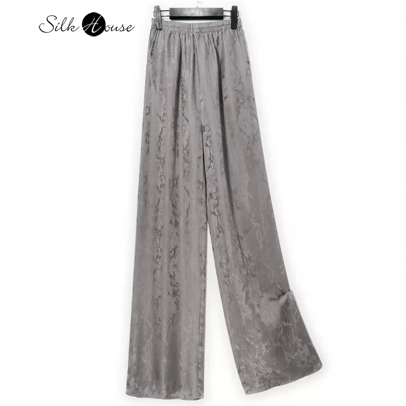 Grey Jacquard 100% Natural Mulberry Silk Mulberry SangBo Satin Women's Elastic Waist Double Pockets Casual Straight Leg Pants