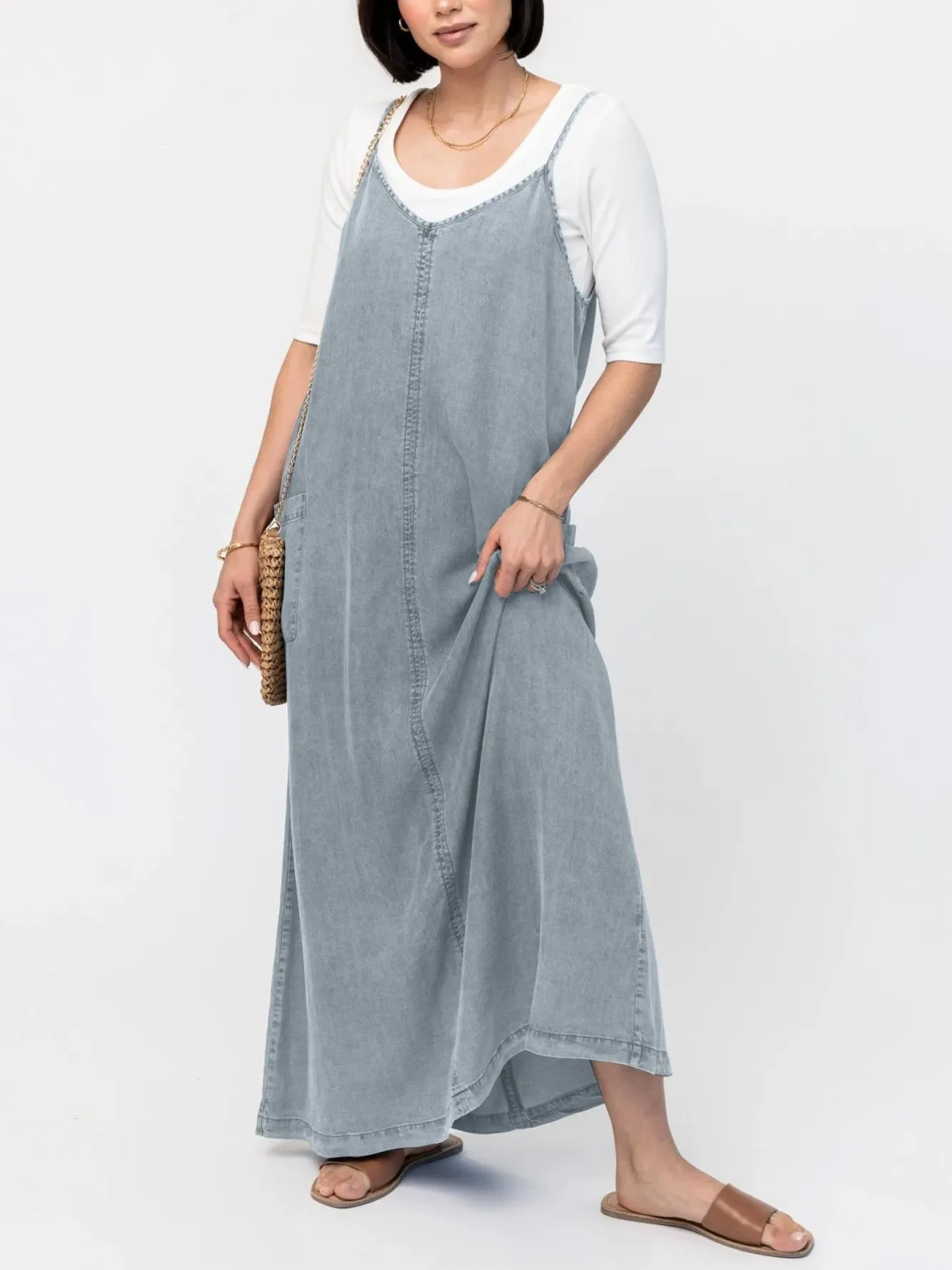 جديد 2025 فستان رعاة البقر طويل غير رسمي بحزام قابل للغسل بسيط ورقيق وفضفاض بلون سادة #4