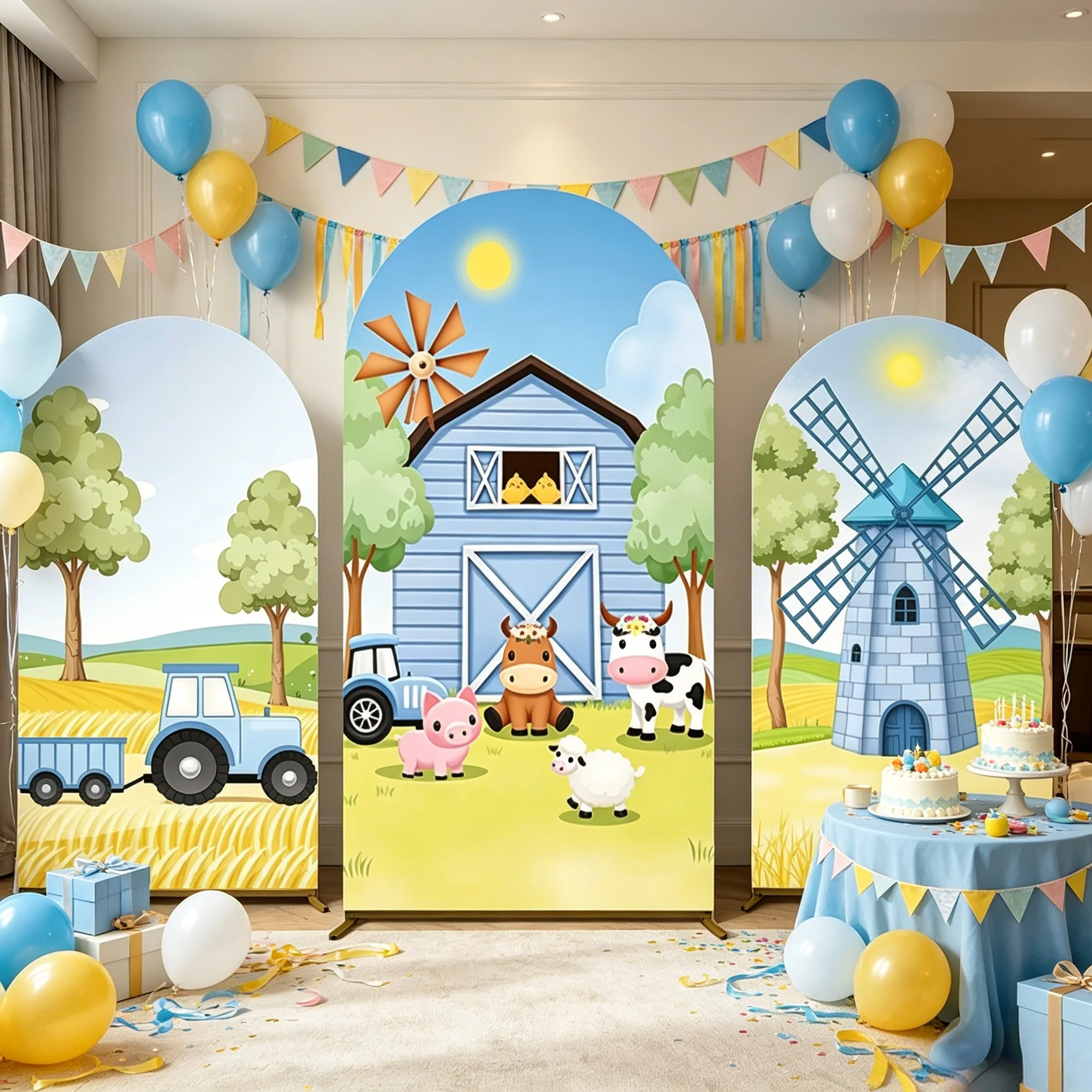 Farm Animal Arch Backdrop Cover Set Cute Barnyard Tractor Windmill Kids Birthday Baby Shower Farm Themed Party Decor Backgrounds