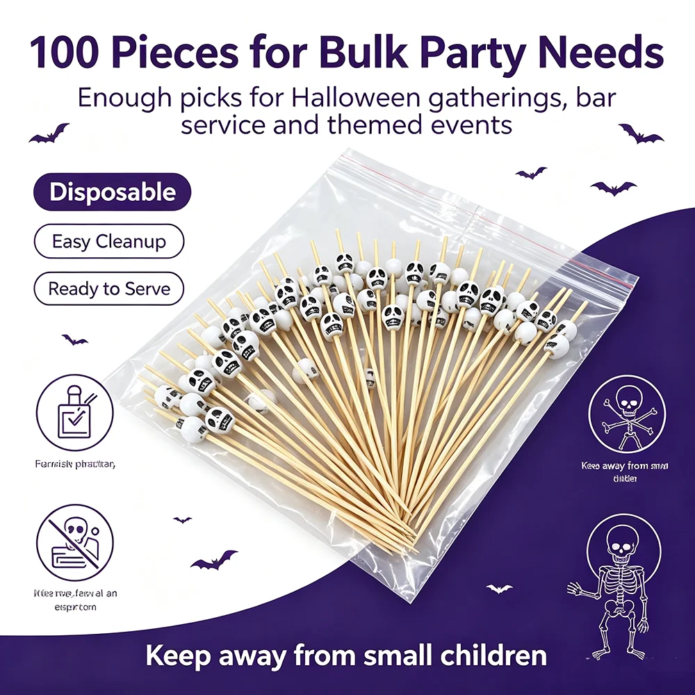12cm Bamboo Cocktail Picks with 8mm White Skull Toppers Skeleton Fruit Toothpicks Halloween Day of The Dead Party Food Picks - view 6