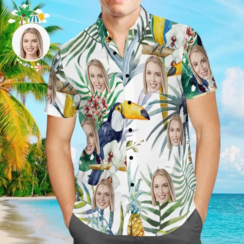 Funny Custom Pohto Hawaiian Beach Shirt Personalized Design Unisex Lapel Blouse DIY Customize Blouses Flower Female Short Sleeve