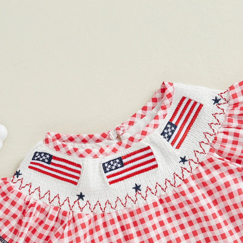 Adorable Infant American Flag Romper with Plaid Print and Embroidered Stars Perfect for Summer Outfits for Baby Girls