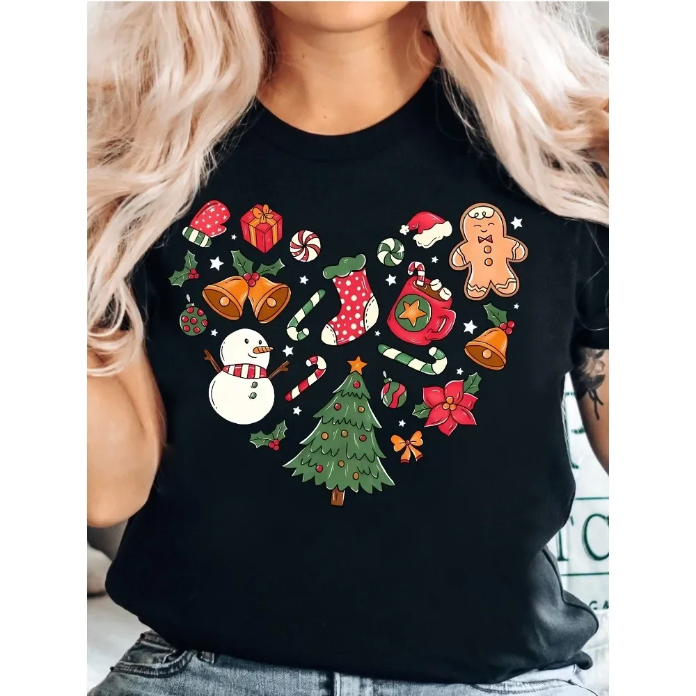 Christmas Heart Print TShirt Holiday Design Featuring Gingerbread Women Candy Canes and Snowflakes Soft Crew Neck Casual Y2k Top