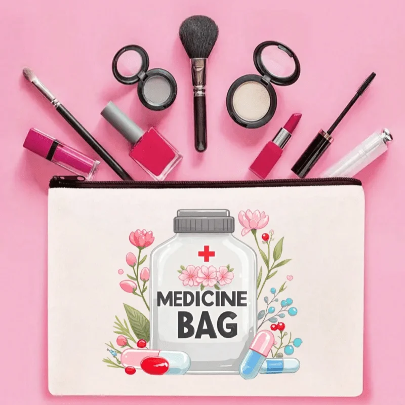 Women'S Organizer with Medicine & Herb Print - Portable Pharmacy Storage Pouch with Zipper Closure, Durable Fabric for Home