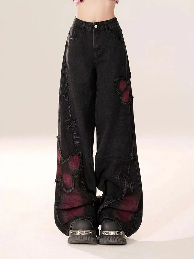 

Gothic Butterfly Decorate Wide Leg Jeans Women Y2K Vintage Streetwear Loose Black Pants High Waist Baggy 2000S Denim Trousers