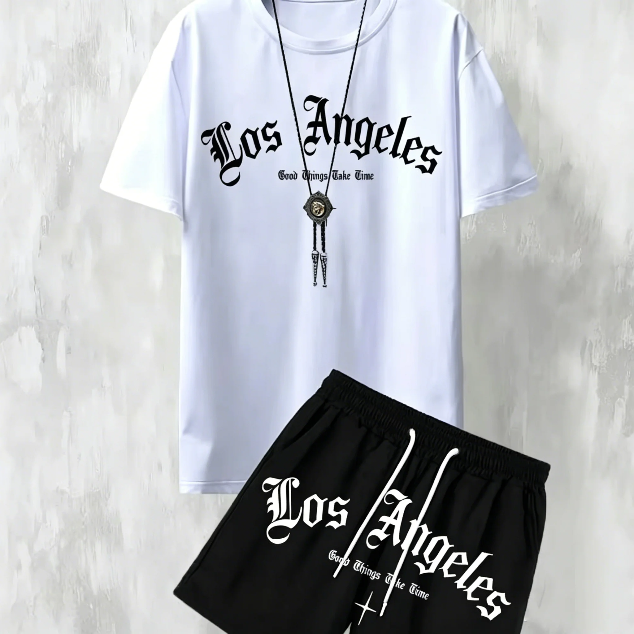 Nuevo Conjunto de Camiseta y Pantalones Cortos Casuales para Hombre con Estampado de Letras de Los Ángeles, Cómodo y Transpirable, Conjunto de Dos Piezas para Exteriores