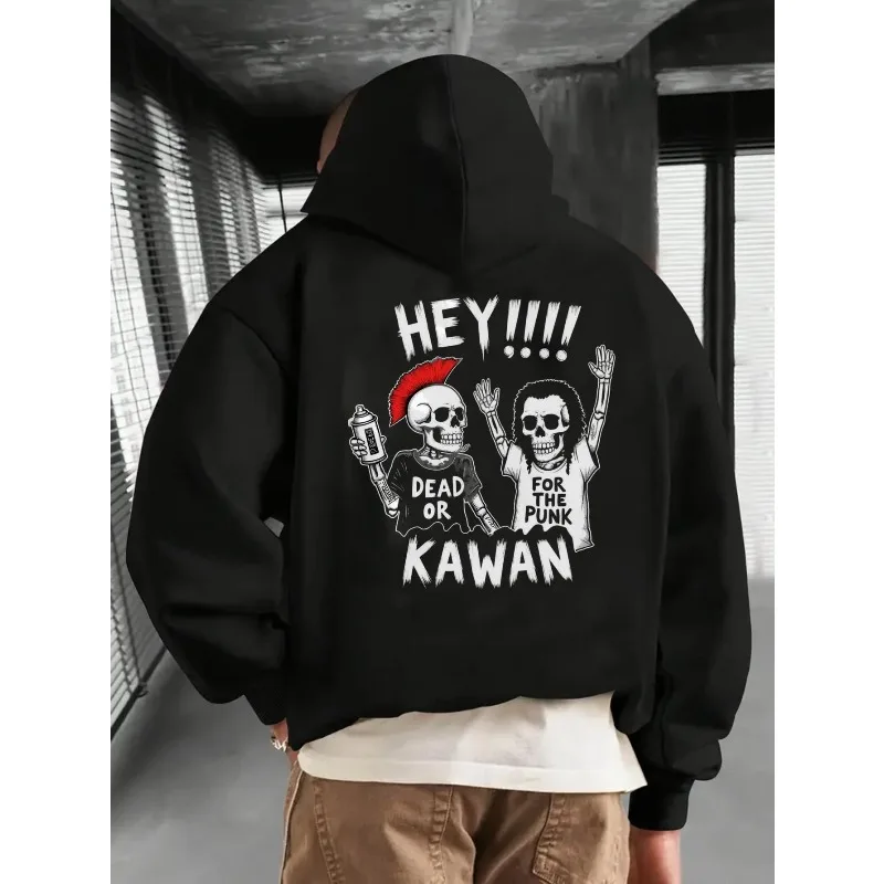 

Men's Black Punk Pattern Hoodie with "hey!! Dead Ok for The Punk Kawan" and Japanese Text, Casual Street Hoodie